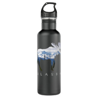 Alaska Day Moose Snowy Mountain - Alaskan Tourist Stainless Steel Water Bottle