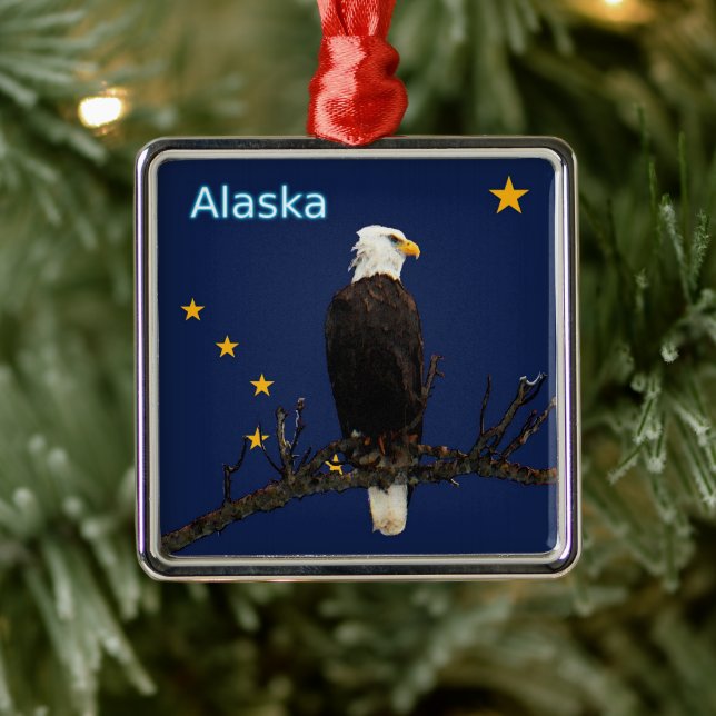 Alaska Eagle And Flag Metal Ornament (Tree)