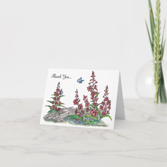 Alaska Fireweed Flower w/Blue Butterfly Designed Thank You Card (Front)