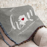 Alaska Home State Rustic Personalized Throw Blanket<br><div class="desc">Show some home state pride with this cute rustic gray throw blanket featuring "home" in white calligraphy script lettering with a silhouette map of the state of Alaska standing in for the letter "O." A pink heart illustration inside the state map completes the design; you can change the position of...</div>