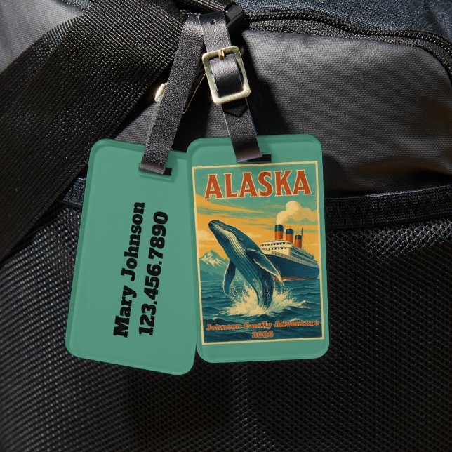 Alaska Humpback Whale Vintage Cruise Travel Luggage Tag (Personalized Alaska Family Reunion luggage tags)