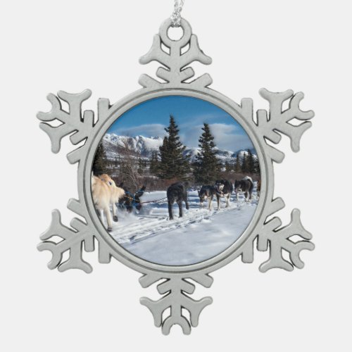 Alaska Husky Dog Sled Race Snowflake Pewter Christmas Ornament