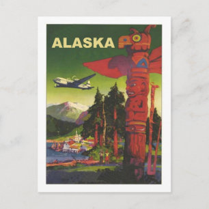 Alaska, Indian totem, airplane, vintage airline Postcard