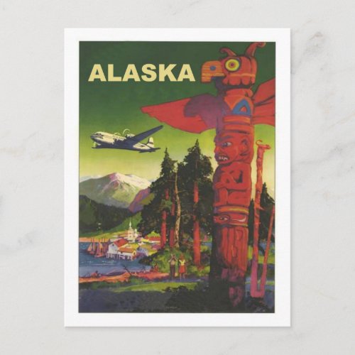 Alaska Indian totem airplane vintage airline Postcard