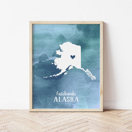 Alaska Map Blue Watercolor Personalized Art Poster