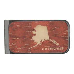 Alaska Map On Inner Birch Bark Gunmetal Finish Money Clip