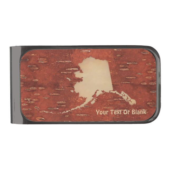 Alaska Map On Inner Birch Bark Gunmetal Finish Money Clip (Front)