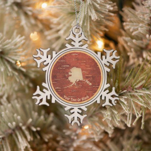 Alaska Map On Inner Birch Bark Snowflake Pewter Christmas Ornament