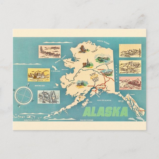 Alaska Map Retro Postcard  (Front)