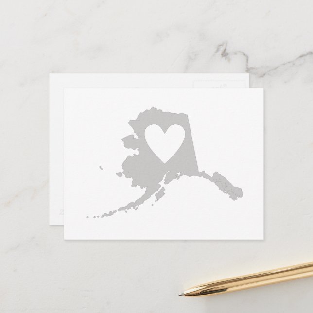 Alaska Map Shape Gray Heart Cutout Alaskan Postcard (Front/Back In Situ)