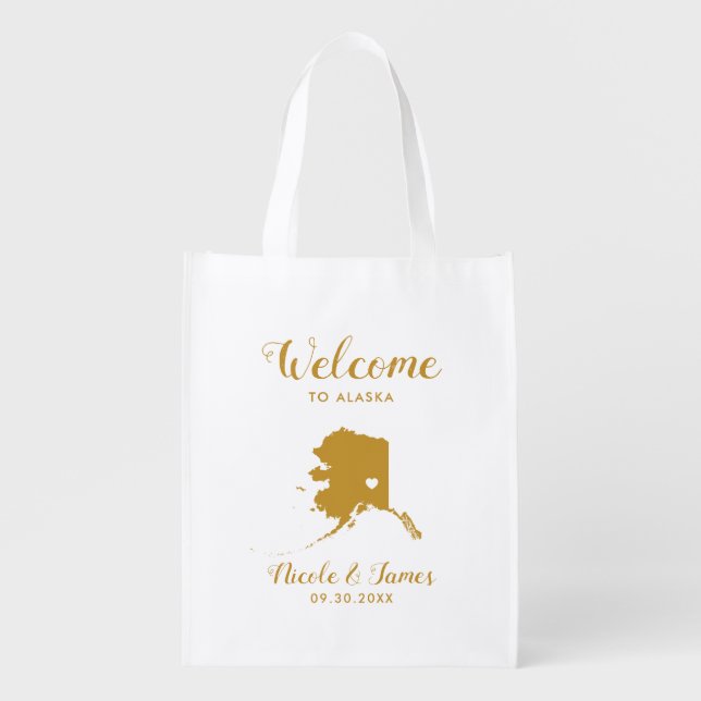 Alaska Map Wedding Welcome Bag Tote Gold (Front)
