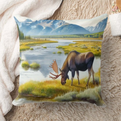 Alaska Moose Grazing Landscape   Throw Pillow