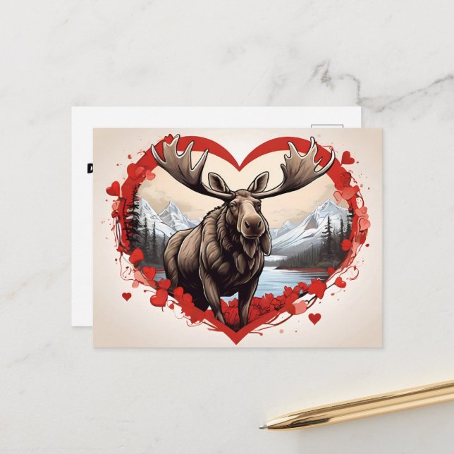 Alaska moose hearth shaped background postcard (Front/Back In Situ)