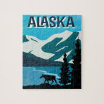Alaska Moose Mountain Jigsaw Puzzle<br><div class="desc">Wonderful poster style artwork features Alaska mountains with glaciers,  water,  trees and a moose. Fun activity for the whole family.</div>