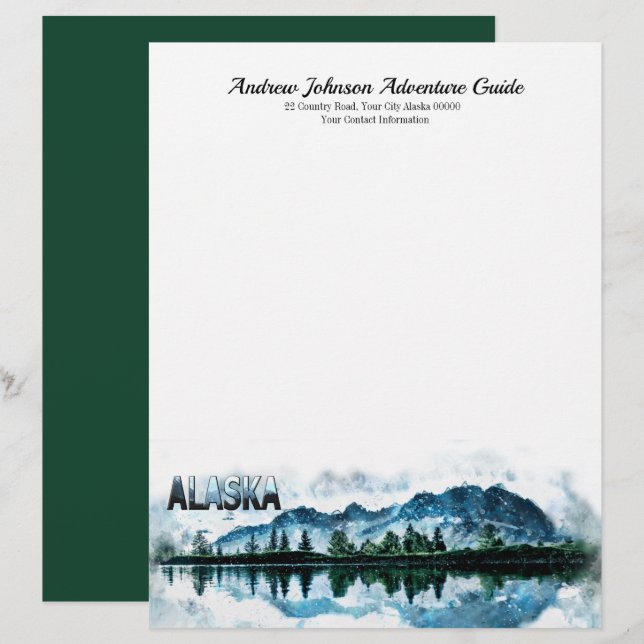 Alaska Mountain Watercolor Landscape Adventure Letterhead (Front/Back)
