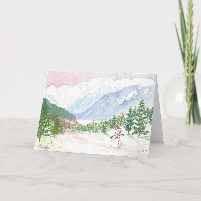 Alaska Mountains Snowman Christmas Card (Front)