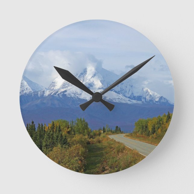 Alaska Mountains Tree Nature Forest Destiny Season Round Clock (Front)
