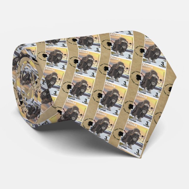 Alaska Muskox Postage Stamp Souvenir Neck Tie (Rolled)