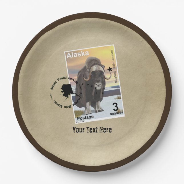 Alaska Muskox Postage Stamp Souvenir Paper Plates (Front)