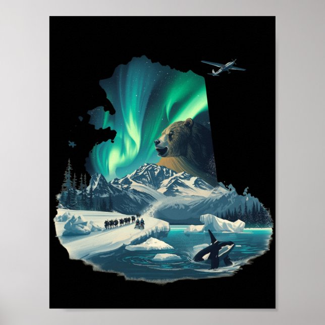 Alaska Northern Lights Grizzly Bear & Orca Poster (Front)