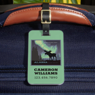 Alaska   Northern Lights Moose Luggage Tag