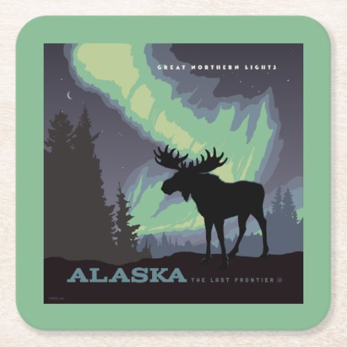 Alaska  Northern Lights Moose Square Paper Coaster