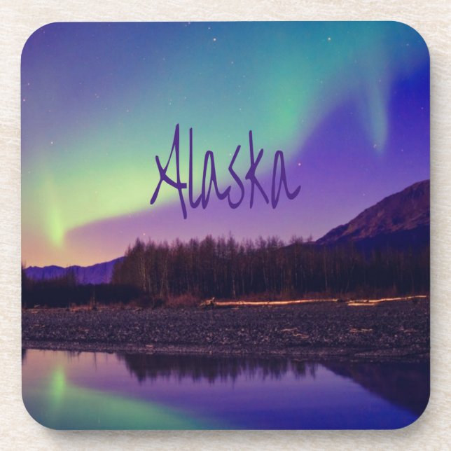 Alaska Northern Lights Mountains Lake Beverage Coaster (Front)