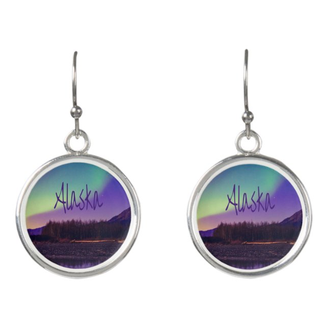 Alaska Northern Lights Mountains Lake Earrings (Front)