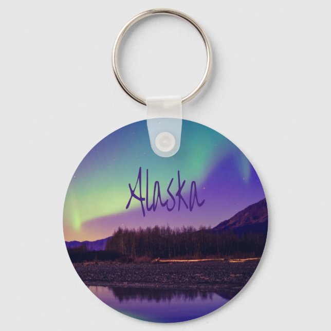 Alaska Northern Lights Mountains Lake Keychain (Front)