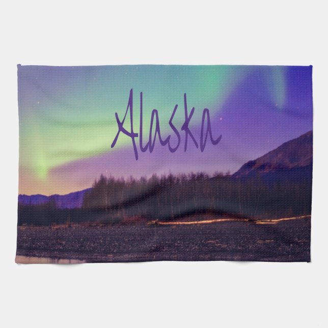 Alaska Northern Lights Mountains Lake Kitchen Towel (Horizontal)