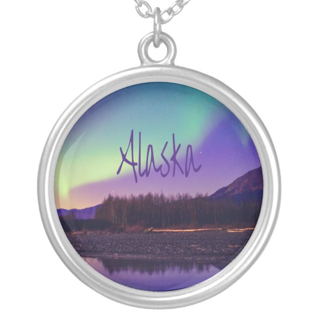 Alaska Northern Lights Mountains Lake Silver Plated Necklace (Front)