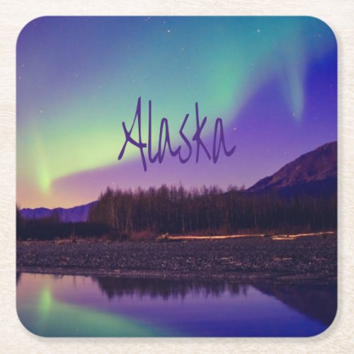 Alaska Northern Lights Mountains Lake Square Paper Coaster