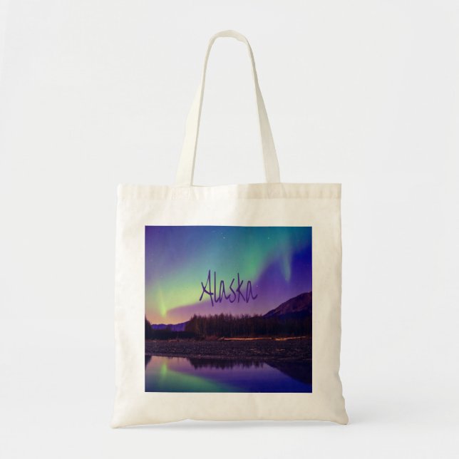 Alaska Northern Lights Mountains Lake Tote Bag (Front)