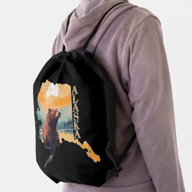 Alaska Outline Bear and Mountains Drawstring Bag (Insitu)