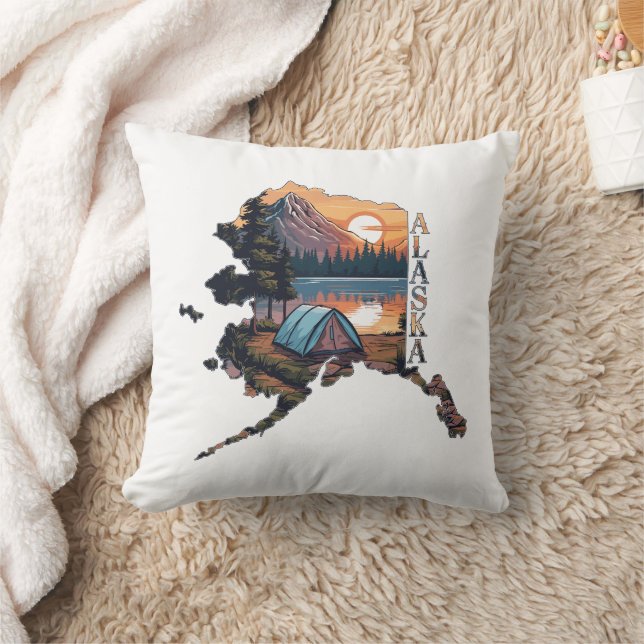Alaska Outline Camping Throw Pillow (Blanket)