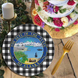 Alaska Plate, buffalo plaid USA & Alaska Flag Paper Plates