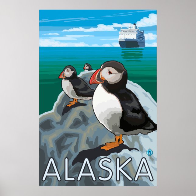 Alaska - Puffins watching a Cruise Ship Poster (Front)