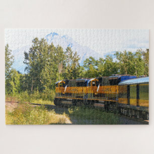 Alaska Railroad locomotive engine & mountain Jigsaw Puzzle