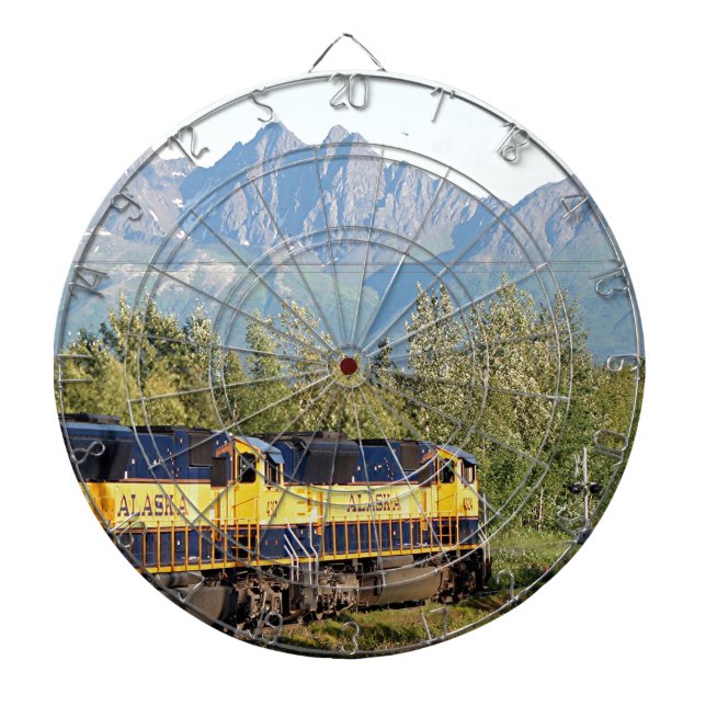 Alaska Railroad locomotive engine & mountains Dartboard With Darts (Front)