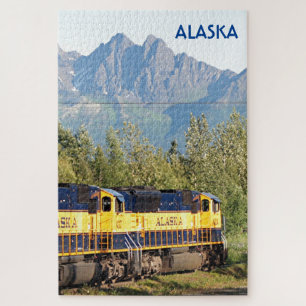 Alaska: Railroad locomotive engine & mountains Jigsaw Puzzle