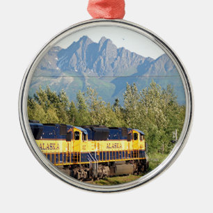 Alaska Railroad locomotive engine & mountains Metal Ornament