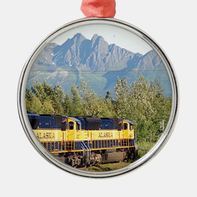 Alaska Railroad locomotive engine & mountains Metal Ornament (Front)