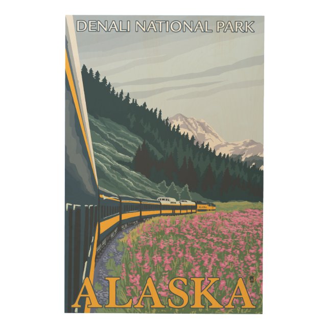 Alaska Railroad Scene - Denali Nat'l Park, Alask Wood Wall Art (Front)