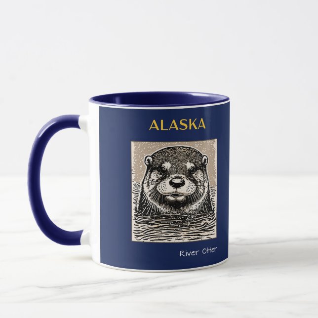 Alaska River Otter Portrait Blue and Gold Mug (Left)