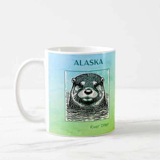 Alaska River Otter Portrait -Blue and Green Coffee Mug (Left)