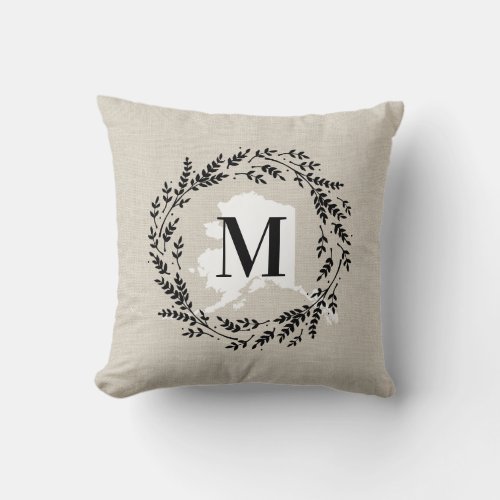 Alaska Rustic Wreath Monogram Throw Pillow