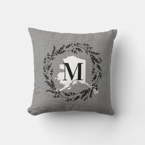 Alaska Rustic Wreath Monogram Throw Pillow