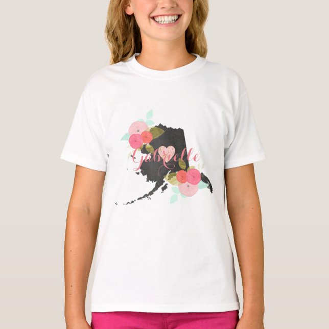 Alaska State Chalkboard Floral & Heart Monogram T-Shirt (Front)