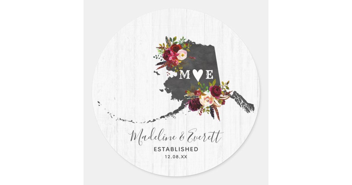 Alaska State Destination Rustic Monogram Wedding Classic Round Sticker ...