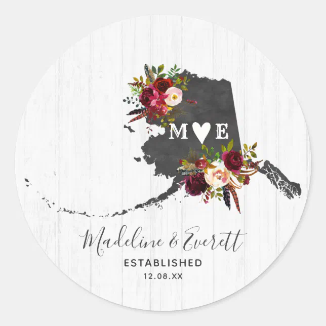 Alaska State Destination Rustic Monogram Wedding Classic Round Sticker ...